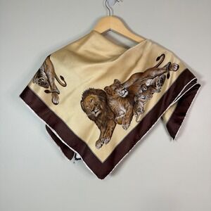 Creazione Serica Lariana Italian Silk Scarf Lion Family Print Brown Border